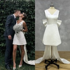 Elegant Short Wedding Dresses V-Neck Sleeveless Large Bow Satin Mini Bridal Gown