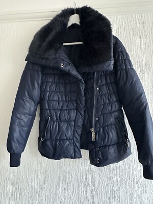 NAVY BLUE QUILTED JACKET FAUX FUR COLLAR S OR 12 TOWIE WINTER BOHO SMART POCKETS