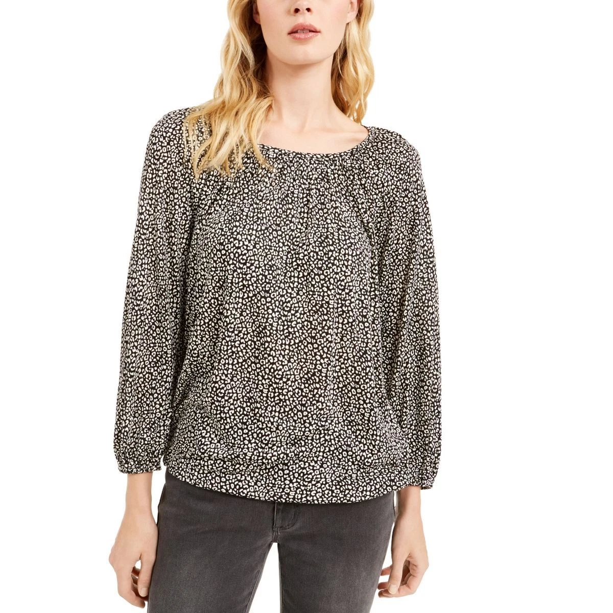 MICHAEL KORS Women s Black bone Flat Cat Printed Peasant Blouse Shirt Top S TEDO
