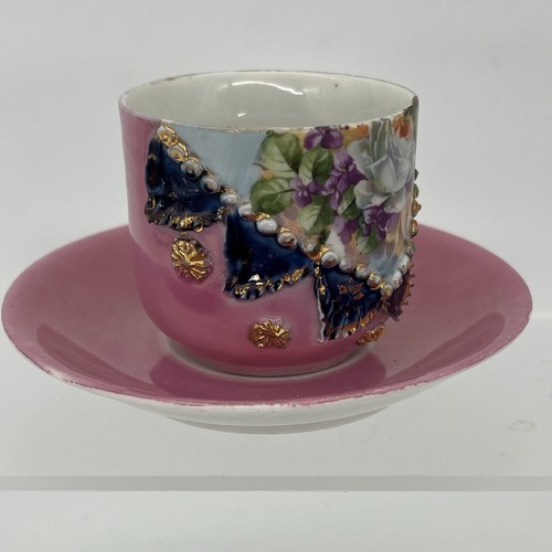 Antique "A Present" Cup Saucer Victorian Lusterware Porcelain Germany Pink Gift - Picture 11 of 19