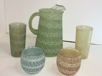 Vintage Spaghetti String Pitcher with 2 glasses and 2Roly Poly glasses
