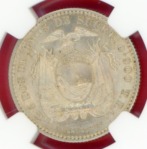 ECUADOR 2 DECIMOS 1916 TF PHILADELPHIA x KM # 51.4 NGC UNC DETAILS. - Picture 4 of 4