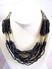 MULTI-STRAND PEACOCK COLOR SEED BEAD NECKLACE SILVER PLATE LONG TUBE ACCENTS