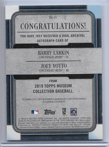 2019 TOPPS JOEY VOTTO BARRY LARKIN AUTO SIGNED #DA-LV #D15/15 CINCINNATI REDS - Picture 2 of 2