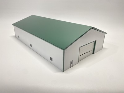 1/64 Scale Custom Farm Toy Implement Barn 70x120 White Sides Green Roof 