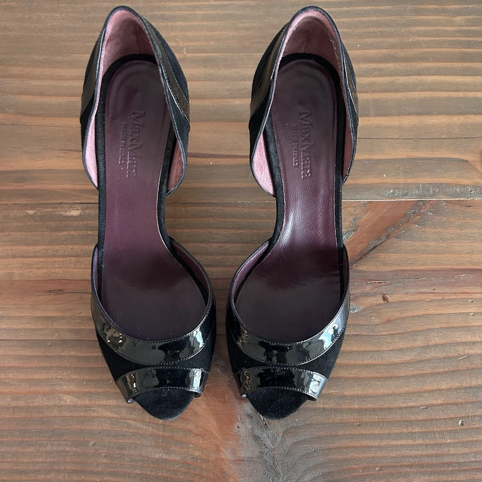 Zapatos MAX MARA para mujer 37,5/7 negros charol gamuza punta abierta zapatos de salón tacones  Foto 4 de 4