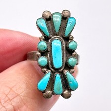 Vintage Zuni Native Turquoise Cluster Silver Ring Size 6.5