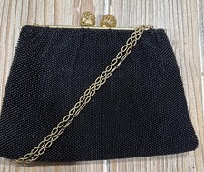 Vtg 1950s Gimbels Hand Beaded Evening Bag Made in France Black Seed Bead Purse