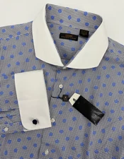 Steven Land Dress Shirt Mens 19 34/35 Blue Geometric French Cuff Colorful NEW