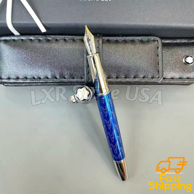 BID MONTBLANC Blue Pattern Fountain Pen Platinum Trim w/ Leather Pen Pouch