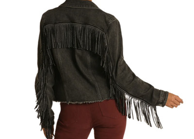 Rock & Roll Denim Fringe Jacket Womens Large Black Cowgirl Studded Western Coat