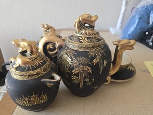 Antique Meiji Japanese Satsuma Dragon Tea Set Immortals Black/Gold Detail