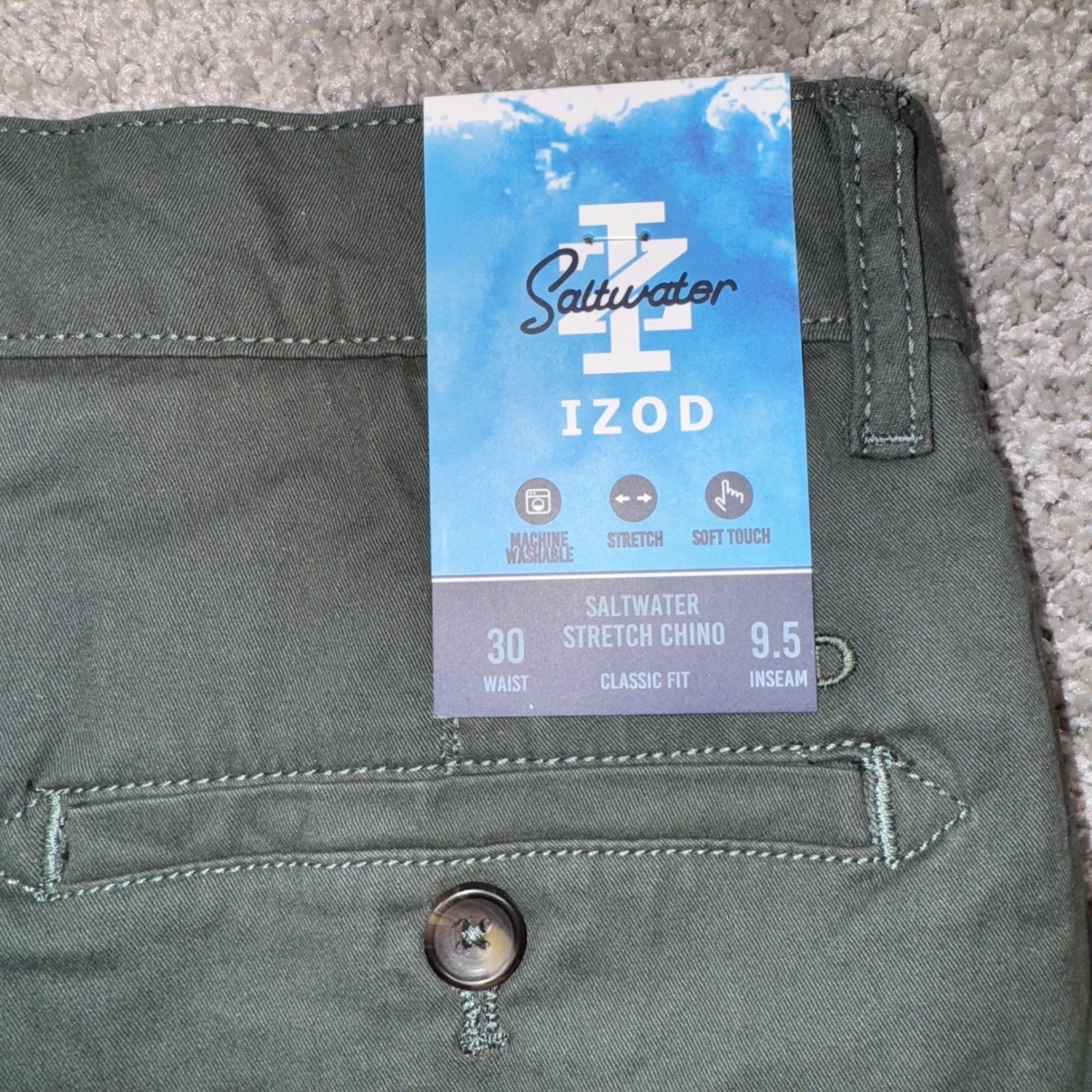 IZOD Saltwater Stretch Chino Shorts Men Classic Fit Green Sz 30 9.5