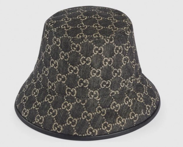GUCCI HAT GG LOGO MONOGRAM JACQUARD Black w LEATHER TRIM BUCKET UNISEX $590 L - Image 3 of 4