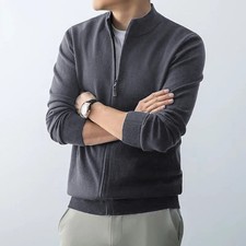 Men's Full Zipper Cardigan Slim Fit Stand Collar Knitted Sweater Winter Pullover
