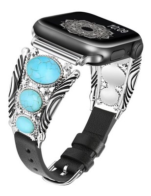 Boho Turquoise Leather Band for Apple Watch Women 38-49mm, Vintage Ethnic Style
