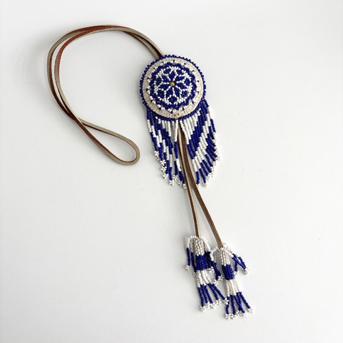 Vintage Beaded Medallion Leather Bolo Tie or Necklace with Beadwork Tassels
