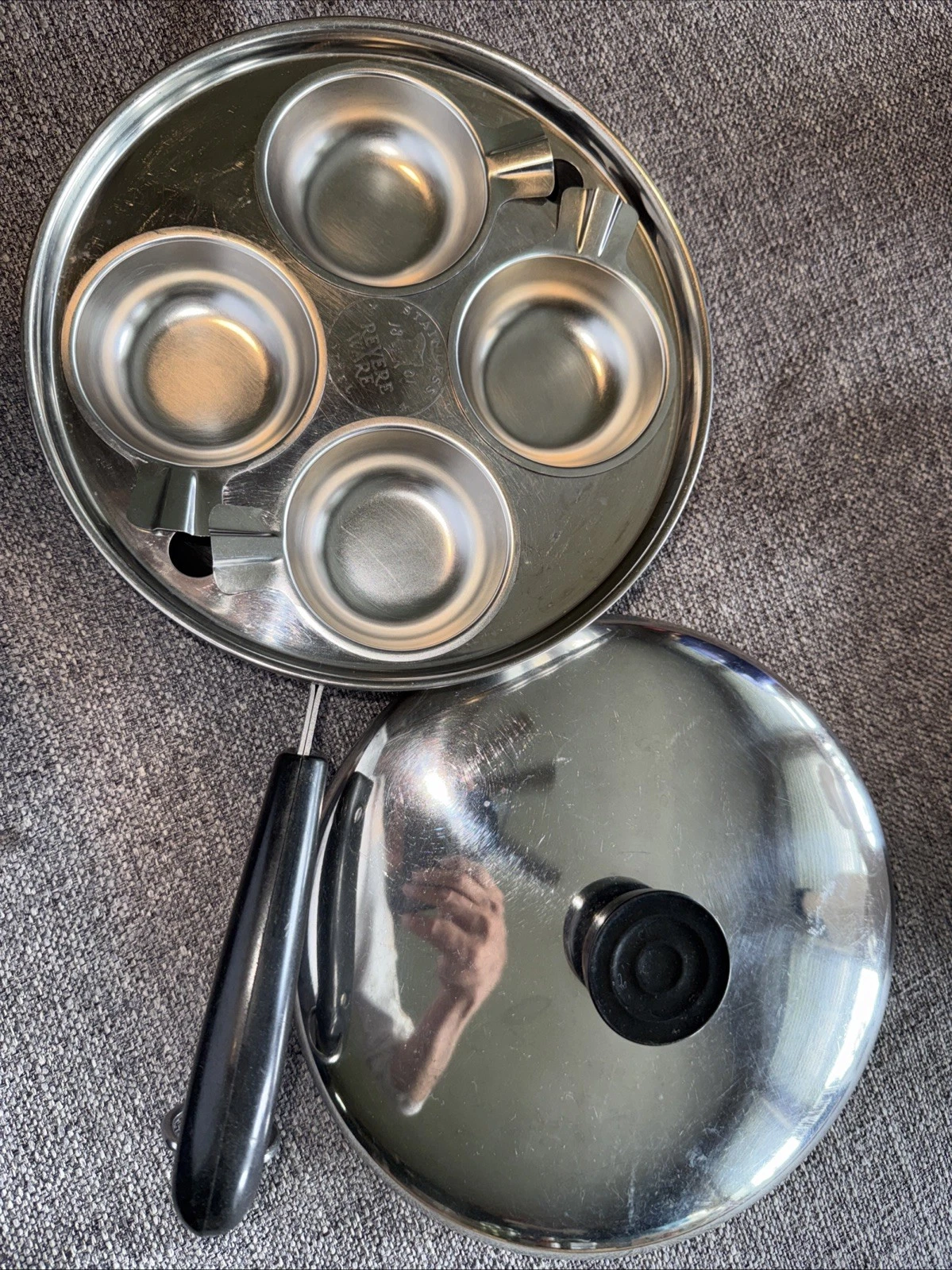 VINTAGE REVERE WARE 8" FRY PAN WITH 4 CUP EGG POACHER,LID,VERY-CLEAN CONDITION