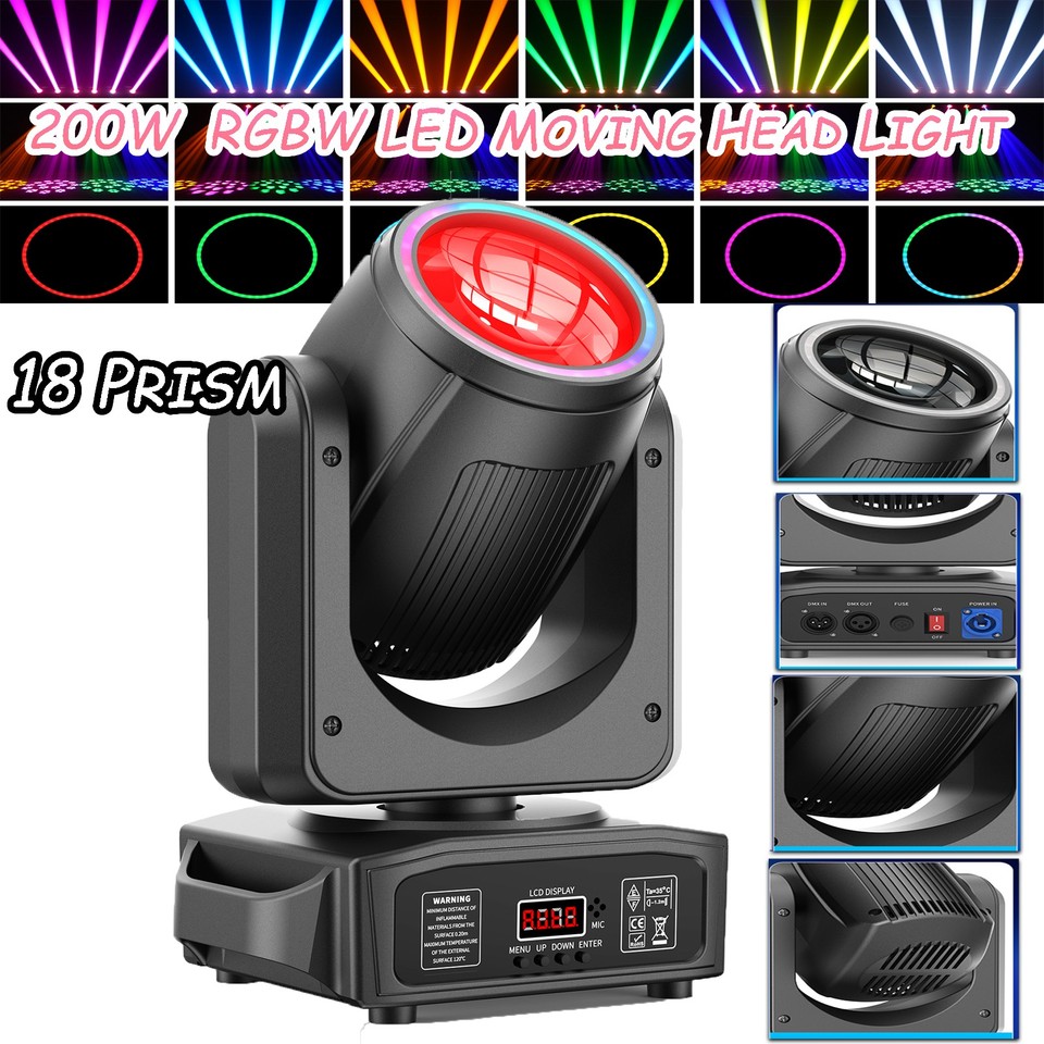 200W 18Prism LED Moving Head Light RGBW Gobo Beam Stage Lighting DJ Disco DMX