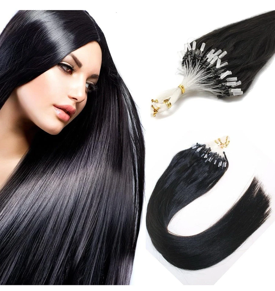 NUEVAS Extensiones de Cabello Micro Lazo de Silicona Negro Suave 22” Cabeza Completa Foto 4 de 4