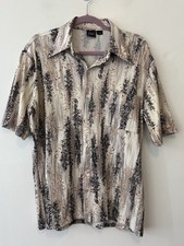 Vintage Joel Cal Made Disco Button Front Shirt Men Large Leaf Print Black Brown