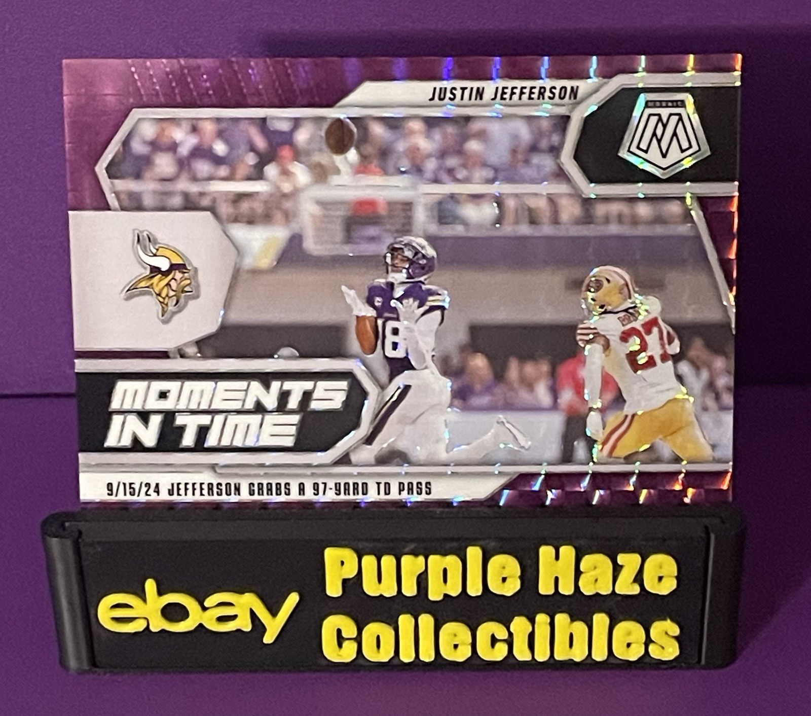 2025 Panini Mosaic Moments in Time Justin Jefferson #19 Purple Prizm Vikings /49