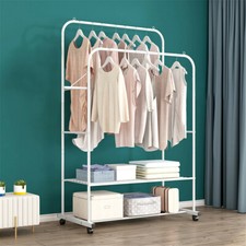 Rolling Double-Rail Clothing Rack Open Clothes Rail w/ Mesh Shelf Dressing Room