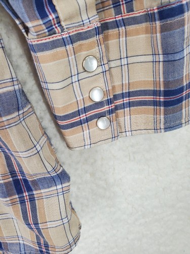 Vtg Ely Cattleman Shirt Men 19-35 Big Tall Long Sleeve Pearl Snap Beige Blue - Picture 12 of 13