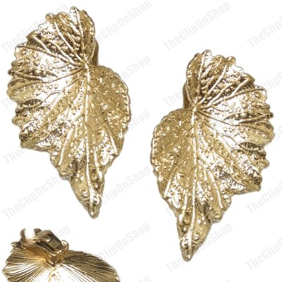 CLIP ON großes Metallblatt GESPIEGELTE RETRO OHRRINGE strukturiert Vintage Blätter GOLD PLTD