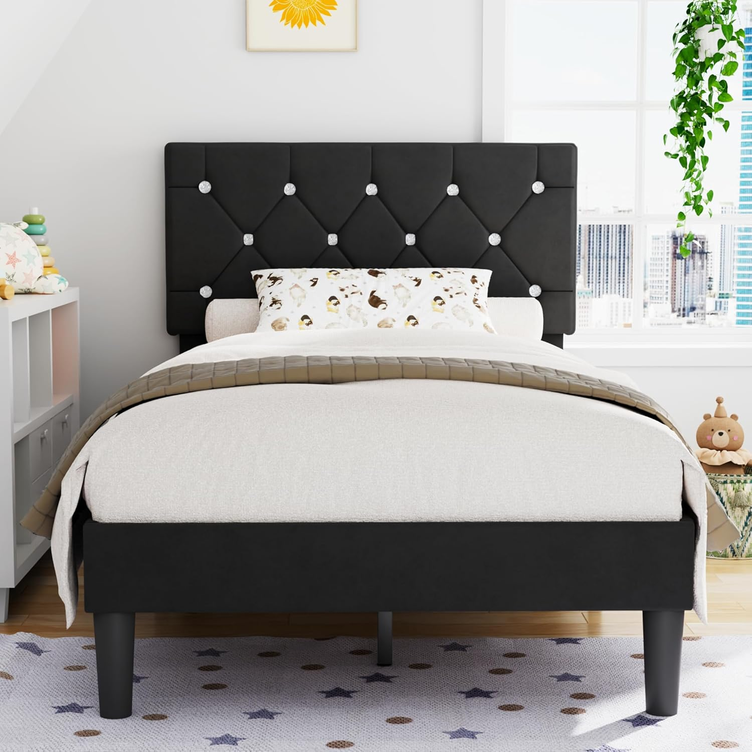 Twin Size Upholstered Platform Bed Frame with Adjustable Diamond Tufted Headboard