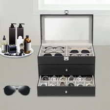 24-Compartment Watch Storage Box & Eyeglasses Display Case, 3-Tier MDF