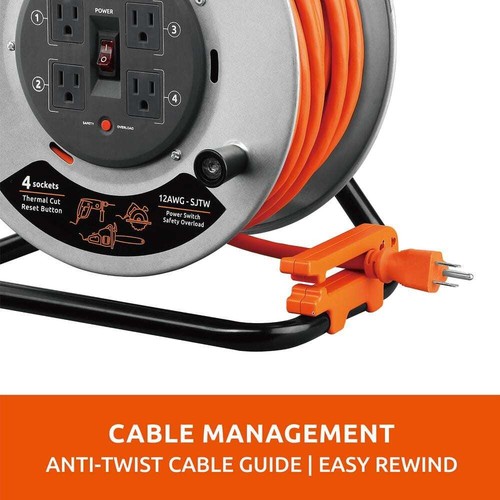 Link2Home 75 ft. 12/3 Extension Cord Storage Reel 4 Grounded Outlets & Overload - Picture 8 of 9