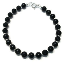 Black Onyx Bracelet in Sterling Silver, Natural Onyx Gemstone and Silver Beads