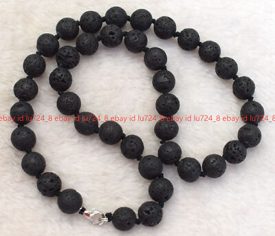 Genuine Natural 6/8/10/12mm Black Volcanic Lava Rock Round Gemstone Necklace 18''