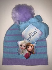 Disney Frozen Anna Elsa Knit Winter Beanie Hat  Mittens Set w/ Pom-Pom Toddler