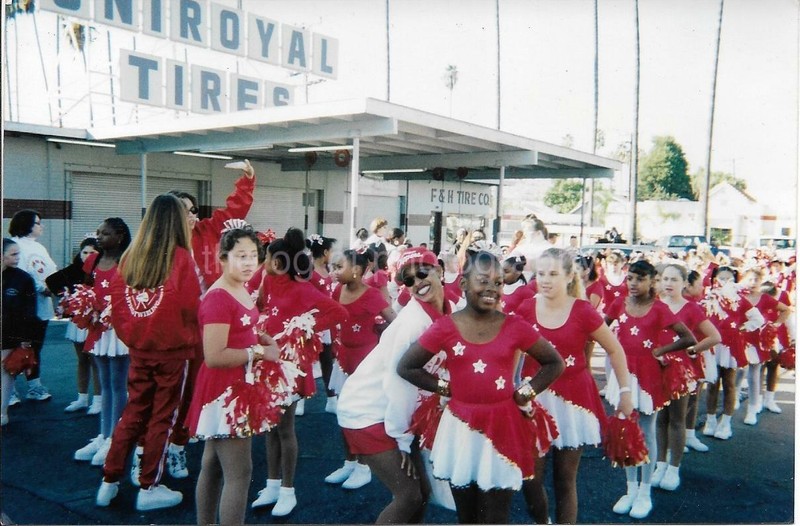 Cheerleaders FOUND PHOTOGRAPH Color ON PARADE Original Snapshot VINTAGE 99 4 P