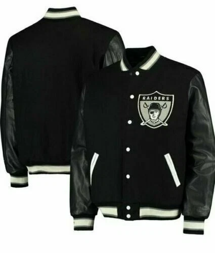 Mens Raiders Varsity Wool Black Jacket With Original Leather