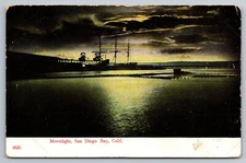Tall Ships and Pier by Moonlight, San Diego Bay, California Postcard