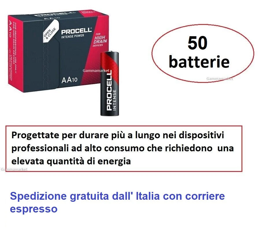 50 pile batterie alcaline AA Stilo 1,5 V DURACELL PROCELL INTENSE da Italia
