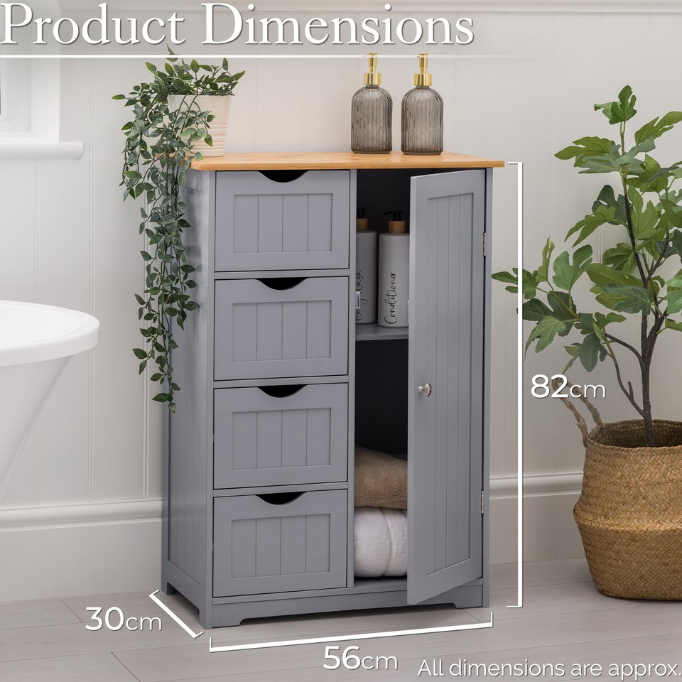 Bathroom Drawer Cabinet Grey Bamboo Freestanding Storage Unit 4 Drawers ...