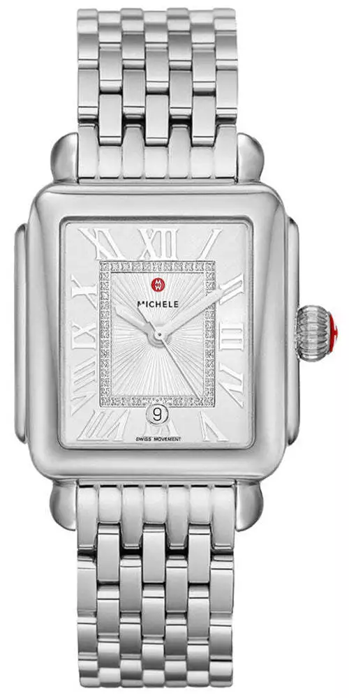 Michele Deco Madison Date Steel Diamonds Rectangle Womens Watch MWW06T000141