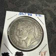 1867 BB France 5 Five Francs .900 Silver Coin NAPOLEON III