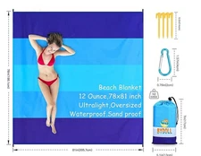 Nylon Beach Blanket/Waterproof/Sandproof/78”x 81”/Blue/with 4 stakes & carry bag