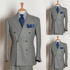 2Psc Gray Wool Men's Suits Double Breasted Business Tuxedos Wedding Groom Blazer