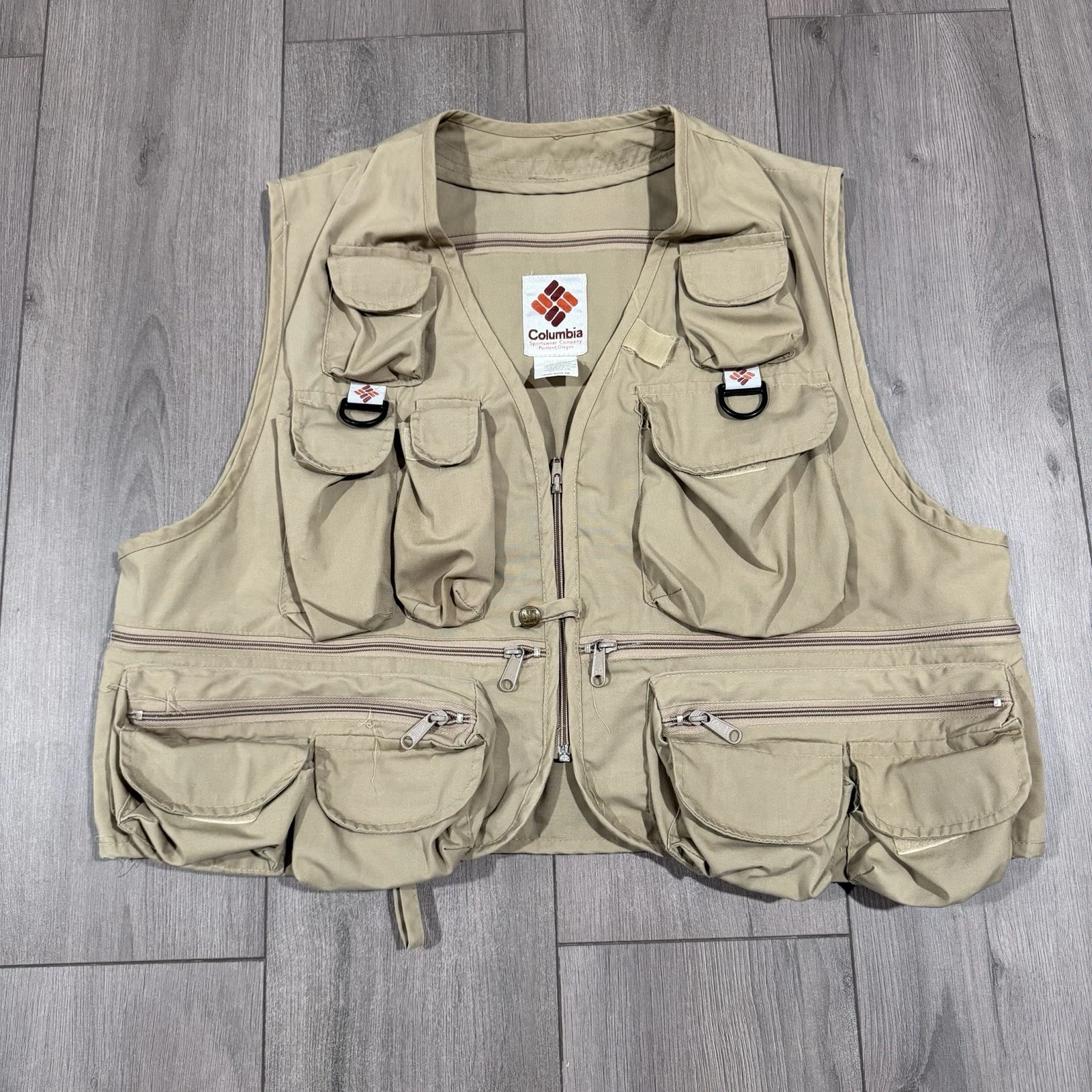 Vtg 70s Columbia Fly fishing vest sz XL Brown Canvas Pockets Outdoor Streetwear