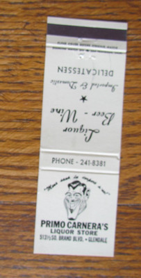 BOXING MATCHBOOK MATCHCOVER: BOXER & WRESTLER PRIMO CARNERA GLENDALE, CA -A3