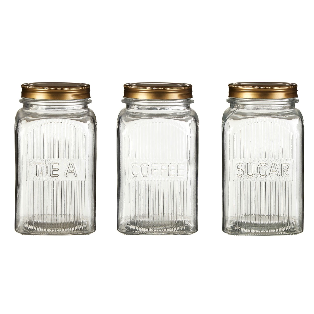 Set of 3 Coffee Tea Sugar Embossed Glass Jars Canister Container Gold Finish Lid