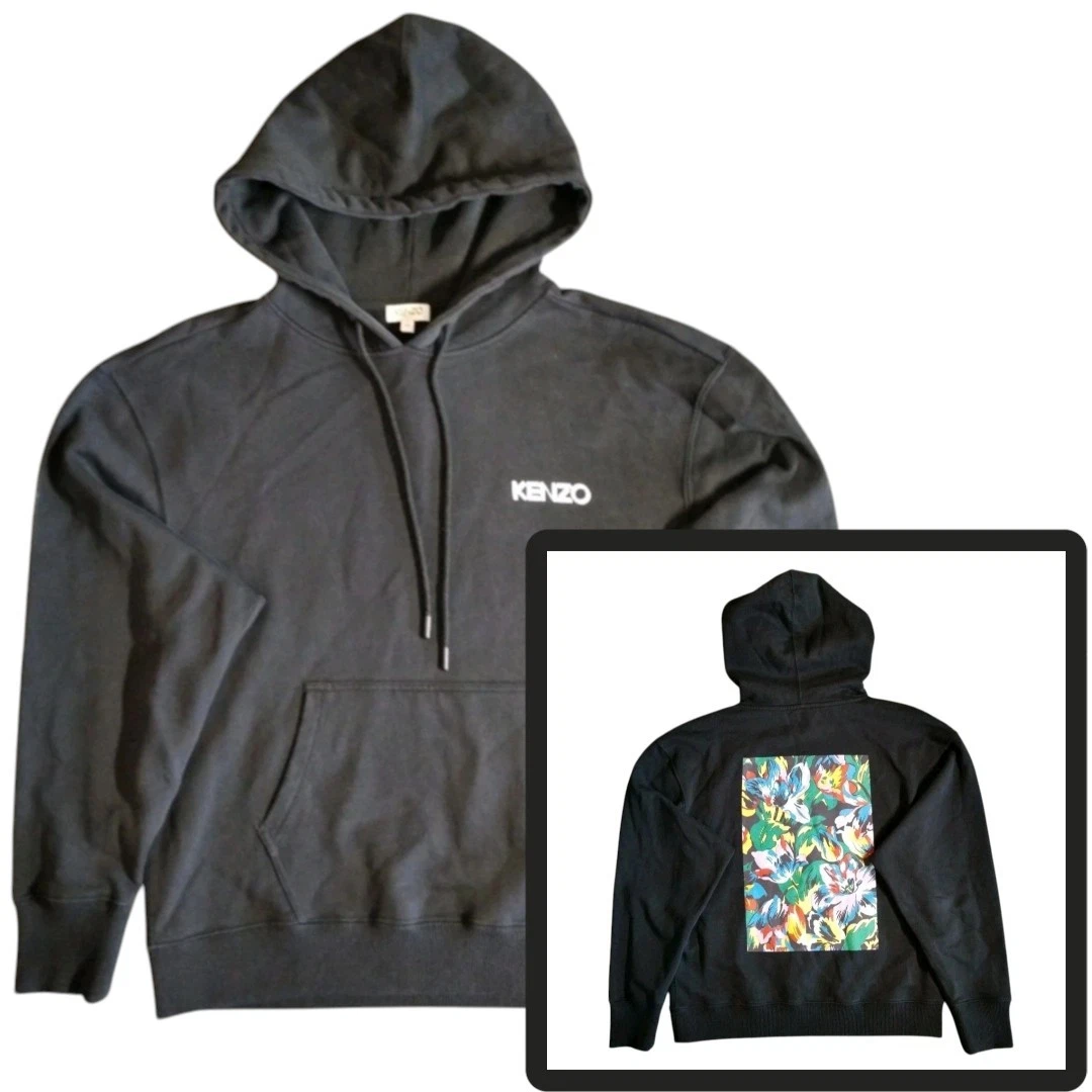 Kenzo Vans Hoodie Womens M Black Floral Panel Print Kangaroo Rib Terry Sweater