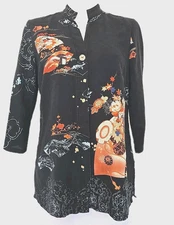 Citron Santa Monica Womens black 100% Silk Asian Fan Print Button Up Blouse S