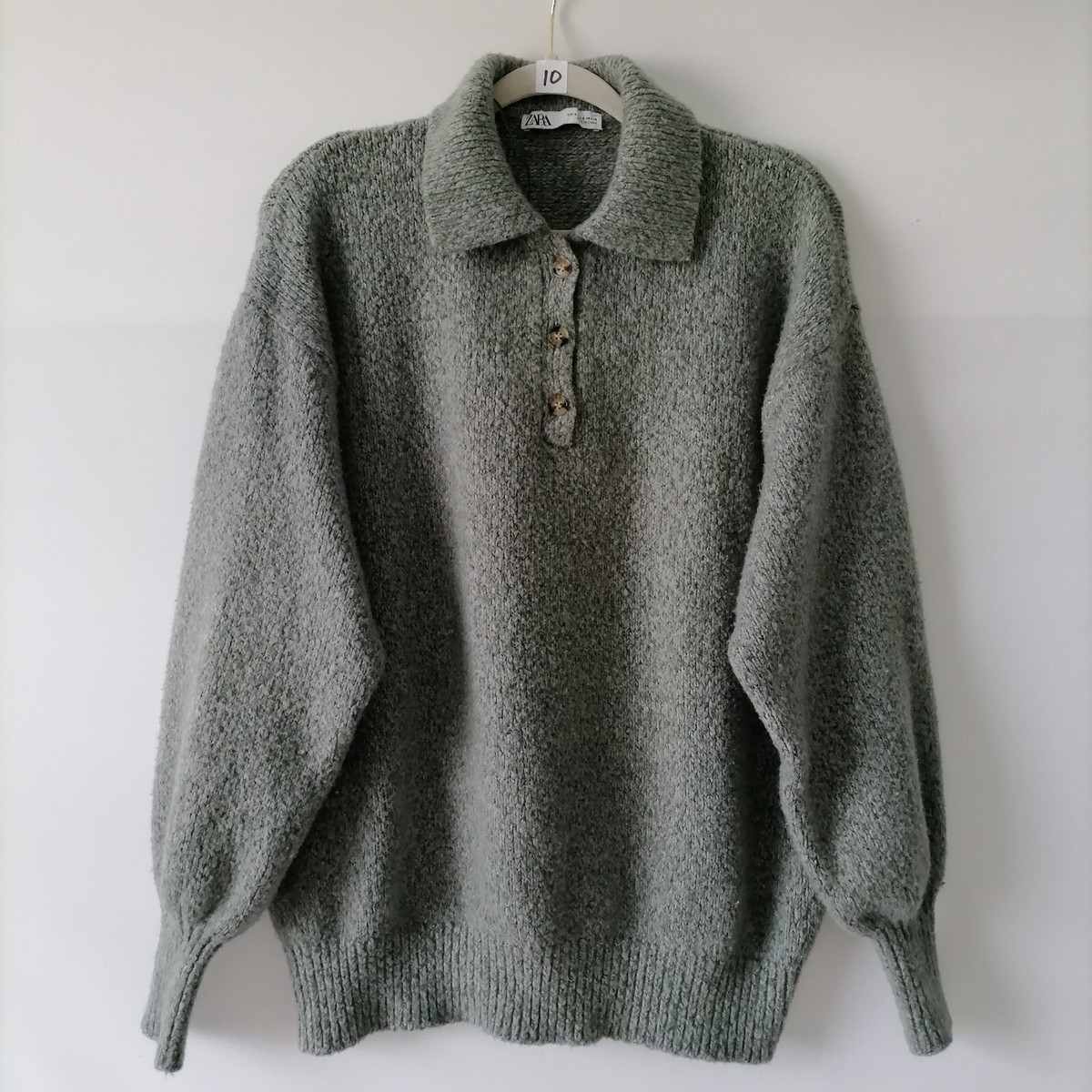 Zara Womens Mint Long Sleeve Collared Button Knitted Pullover